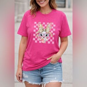 Pink Graphic Bunny Tee with Bow and Bubble